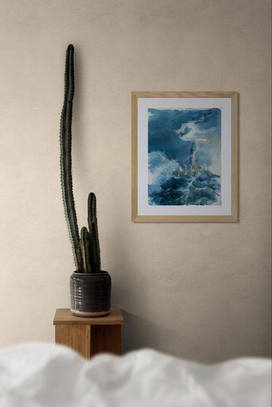 Håndlaget akvarellmaleri av maritimt motiv, fyrtårn og bølgende sjø.