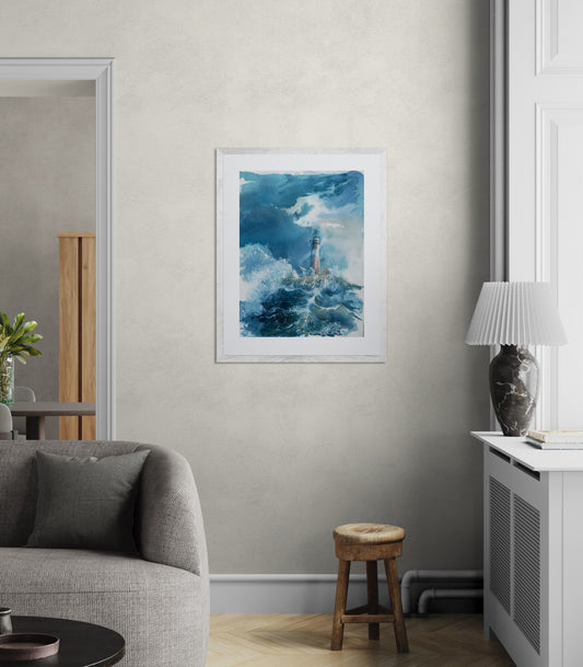 Håndlaget kunsttrykk av fyrtårn og bølgende sjø, norsk naturmotiv, akvarell.