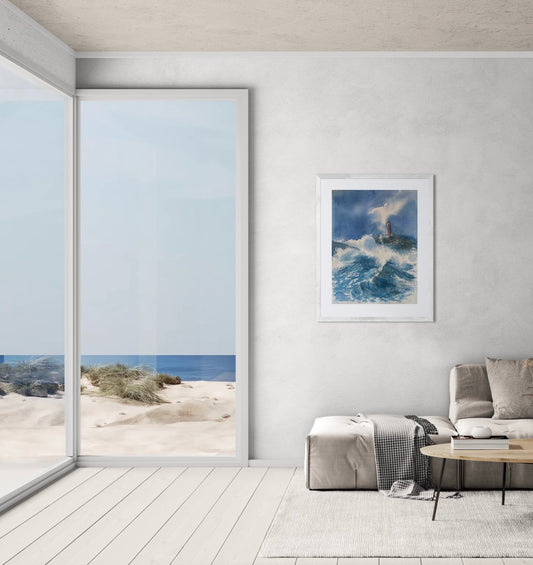 Fyrtårn kunsttrykk i akvarell med bølger og kyst, norsk design, til salgs på nett.