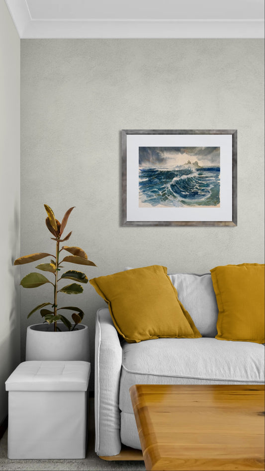 Håndmalt akvarell av fyrtårn og havutsikt, unik norsk kystkunst til veggdekorasjon