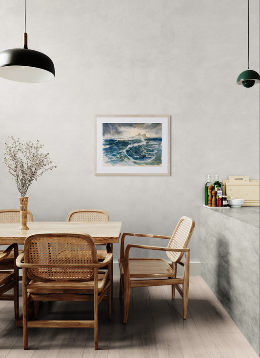 Norsk natur akvarell trykk med fyrtårn, sjø og fjord, dekorasjon til stue eller hytte.