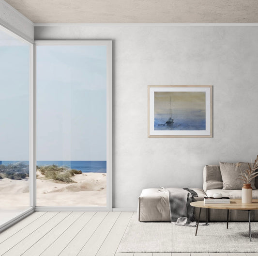 Håndlaget kunsttrykk av norsk kystlandskap med fyrtårn og havutsikt, akvarellstil