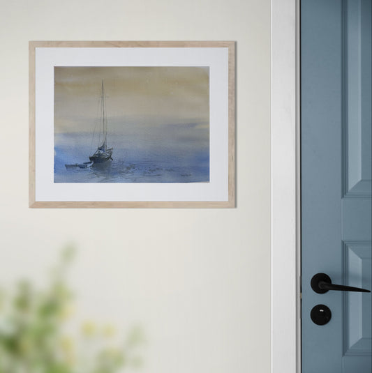 Håndlaget kunsttrykk av norsk kystlandskap med fyrtårn og havutsikt, akvarellstil