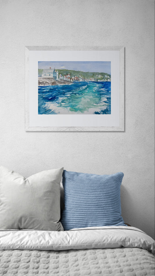 Håndmalt akvarell maleri av fyrtårn ved havet, norsk maritim kunst på papir.