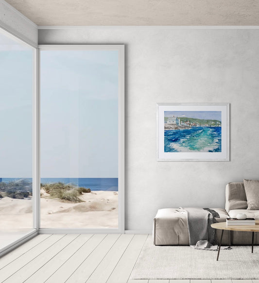 Kunsttrykk akvarell av fyrtårn ved norsk kyst, maritim kunst for hjem eller hytte