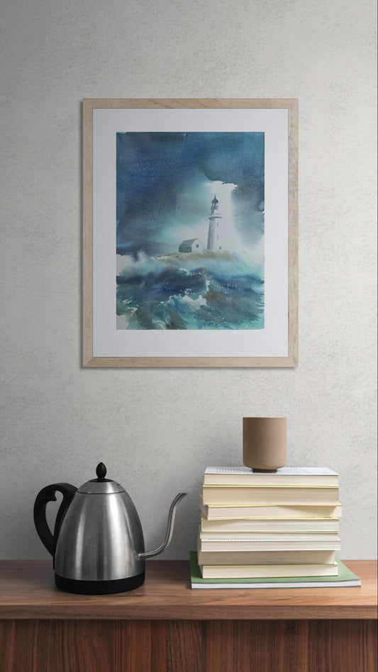 Original akvarell av fyrtårn ved sjøen, stemningsfullt maleri i norsk stil.