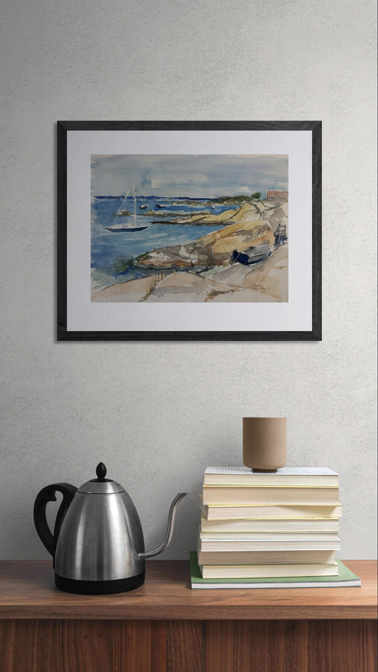 Akvarell av norsk natur med kyst og hav, original kunst perfekt til hytte eller hjem.