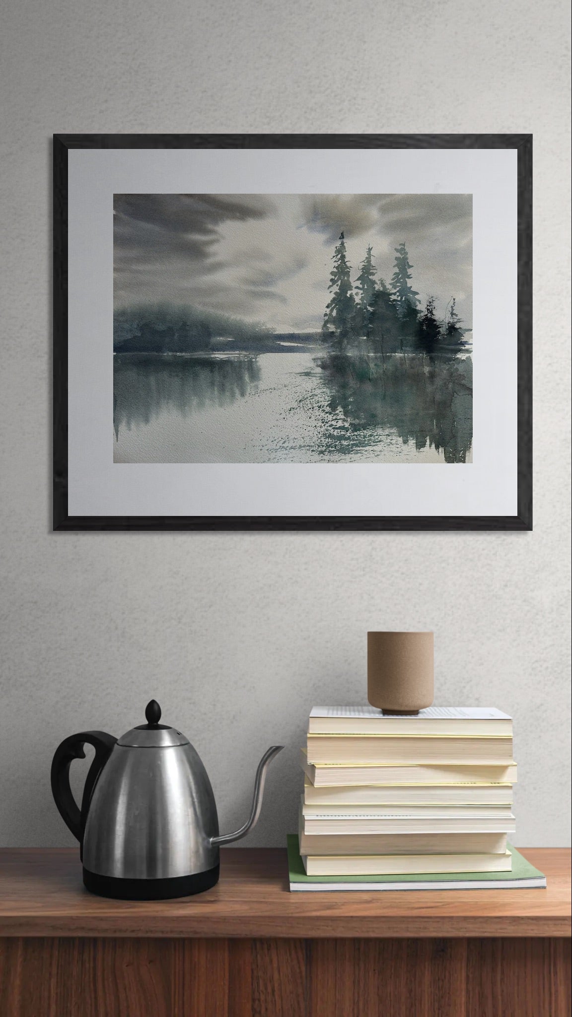 Norsk natur akvarell malt for hånd, med skog, fjell og kyst, original kunst.