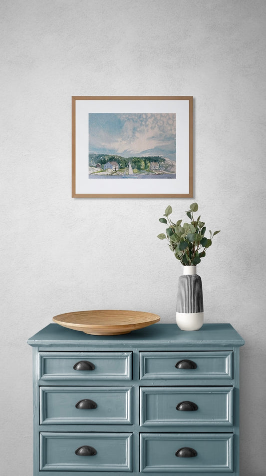 Original akvarell av norsk landskap med sjø og fjell, håndmalt maleri til salgs