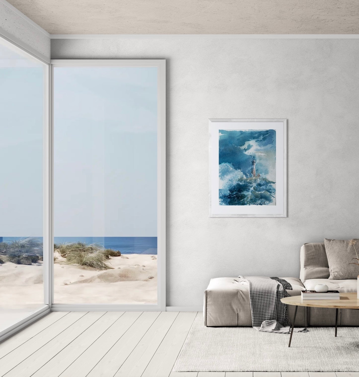 Håndlaget kunsttrykk av fyrtårn og bølgende sjø, norsk naturmotiv, akvarell.