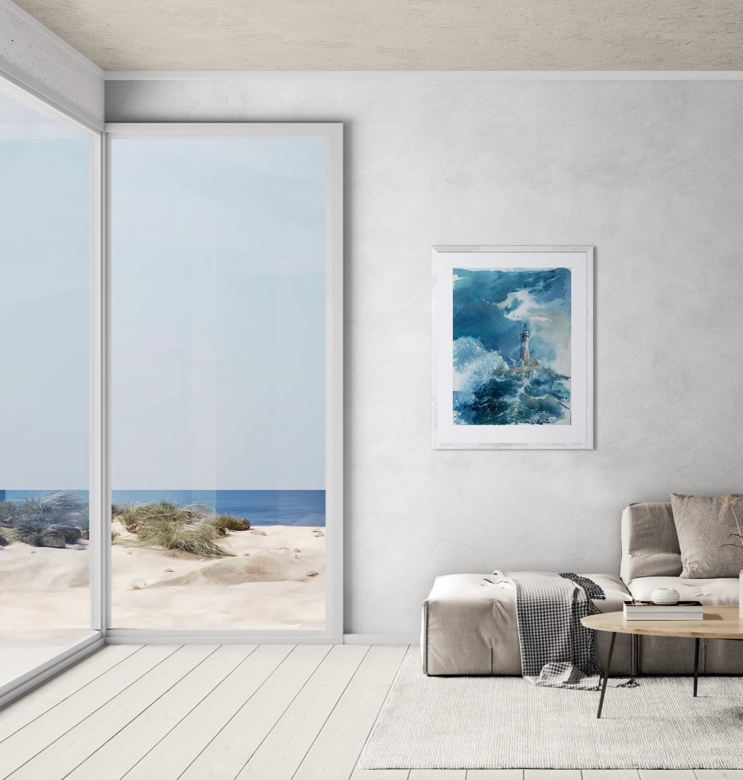 Håndlaget kunsttrykk av fyrtårn og bølgende sjø, norsk naturmotiv, akvarell.