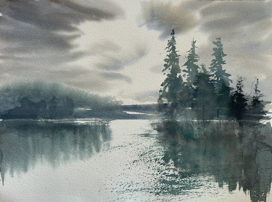 Norsk natur akvarell malt for hånd, med skog, fjell og kyst, original kunst.