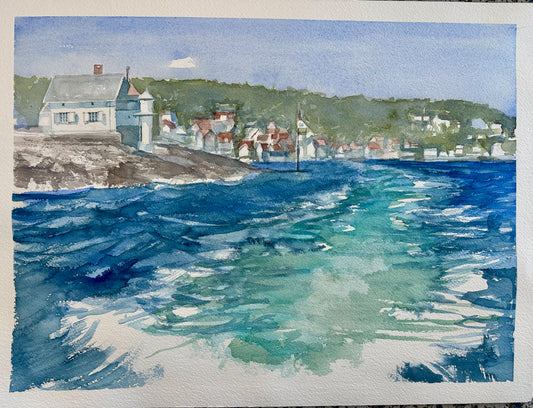 Håndmalt akvarell maleri av fyrtårn ved havet, norsk maritim kunst på papir.